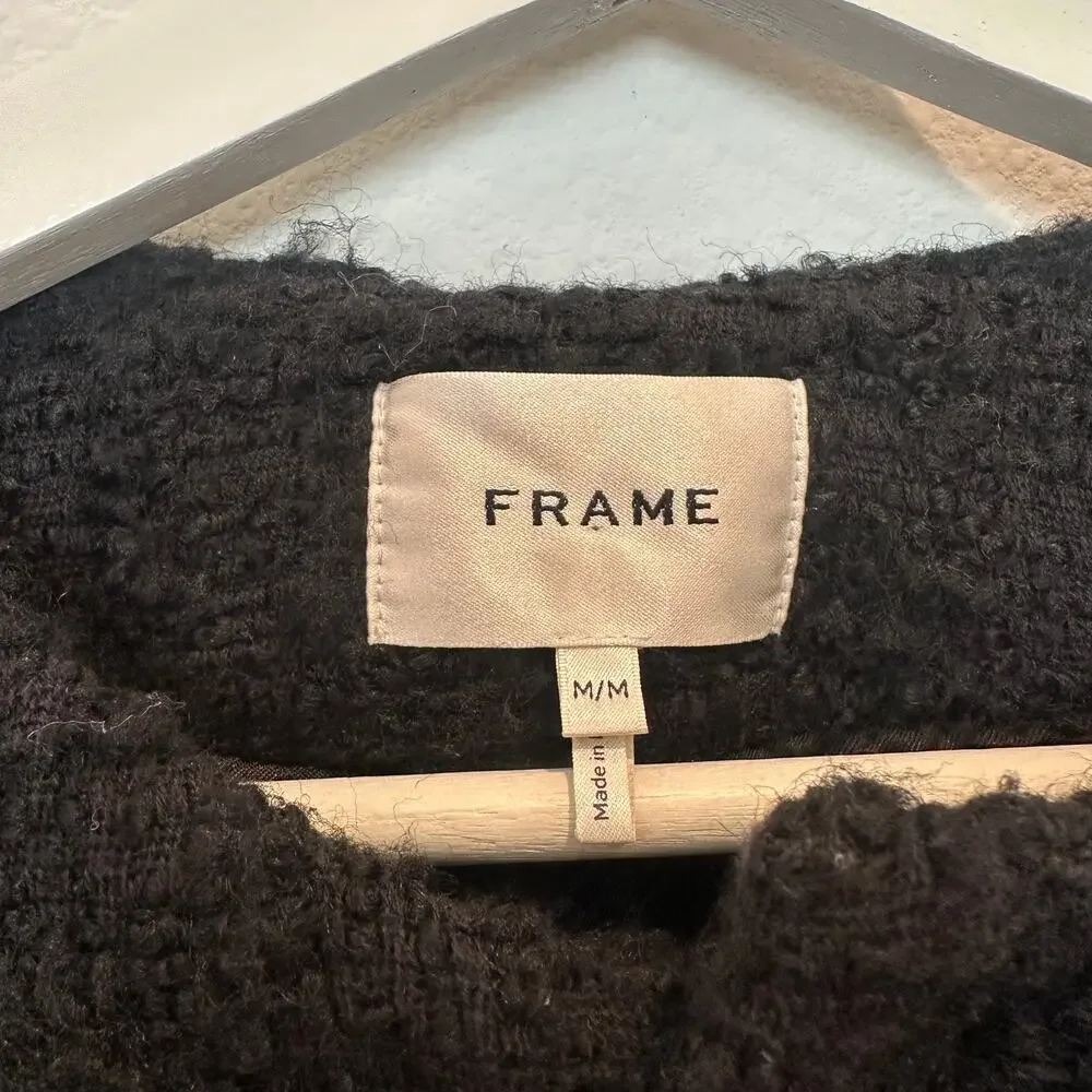 Frame Cocoon virgin wool blend boucle black button jacket medium